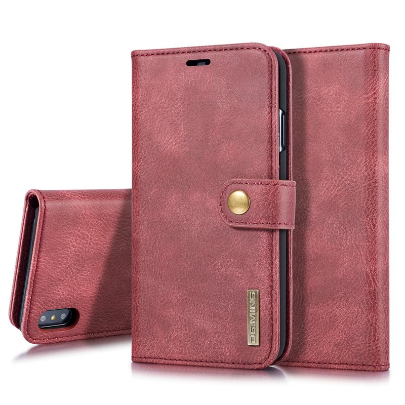DG.MING iPhone X/XS Plånboksfodral med avtagbart skal, Red - Stilrent läderfodral med avtagbart magnetiskt skal