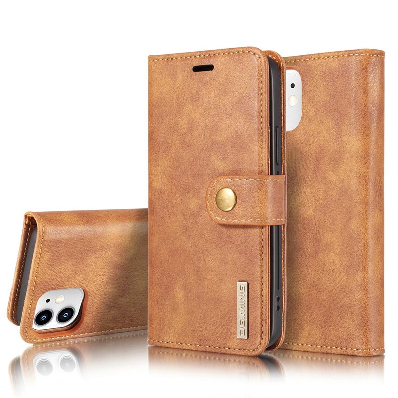 DG.MING iPhone 12 Mini Plånboksfodral med avtagbart skal, Cognac - Stilrent läderfodral med avtagbart magnetiskt skal