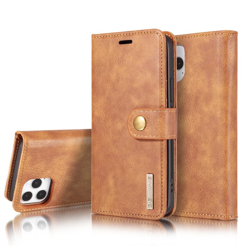 DG.MING iPhone 12 Pro Max Plånboksfodral med avtagbart skal, Cognac - Stilrent läderfodral med avtagbart magnetiskt skal