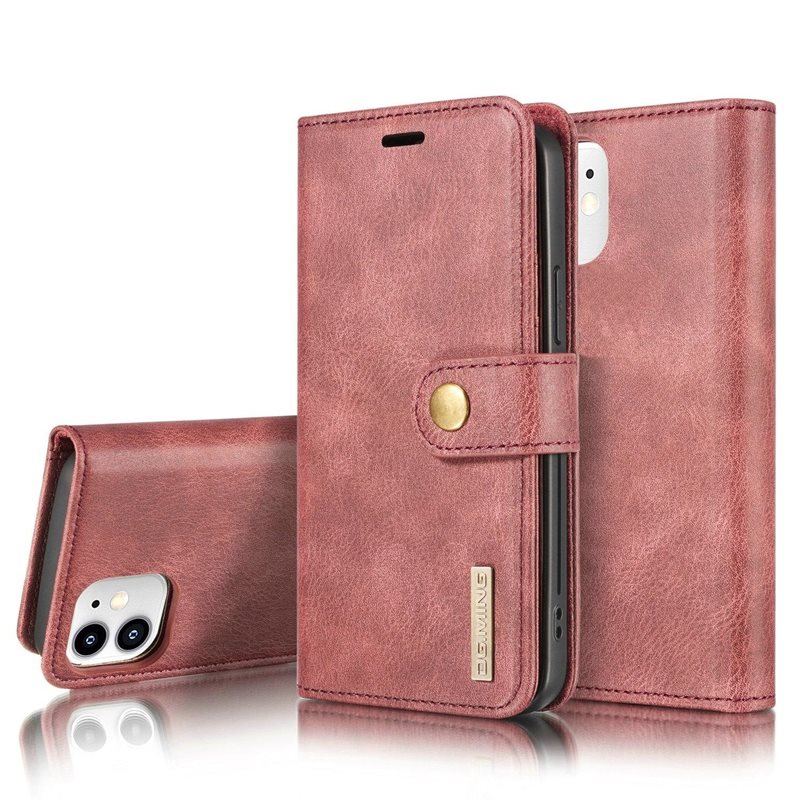 DG.MING iPhone 12 Mini Plånboksfodral med avtagbart skal, Red - Stilrent läderfodral med avtagbart magnetiskt skal