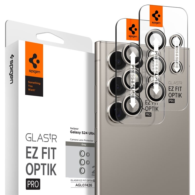 Spigen Samsung Galaxy S24 Ultra EZ Fit Linsskydd (2-pack), grå - Kameraskydd - Linsskydd - Med monteringsram för enkel installation
