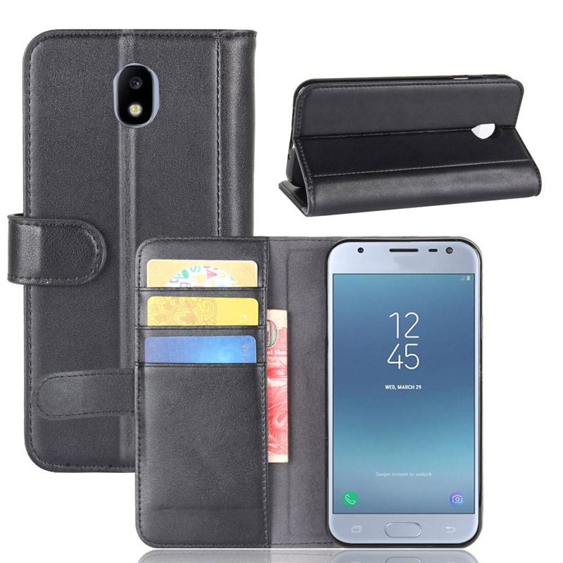 Samsung Galaxy J3 2017 Plånboksfodral i Äkta Läder, Svart - Stilrent plånboksfodral med plats för sedlar och kort