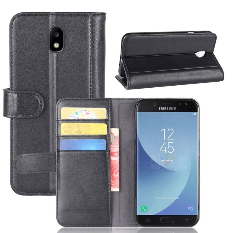 Samsung Galaxy J5 2017 Plånboksfodral i Äkta Läder, Svart - Stilrent plånboksfodral med plats för sedlar och kort