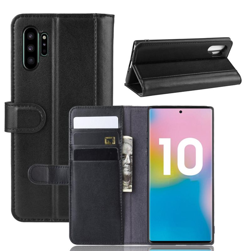 Samsung Galaxy Note 10 Plus Plånboksfodral i Äkta Läder, Svart - Stilrent plånboksfodral med plats för sedlar och kort