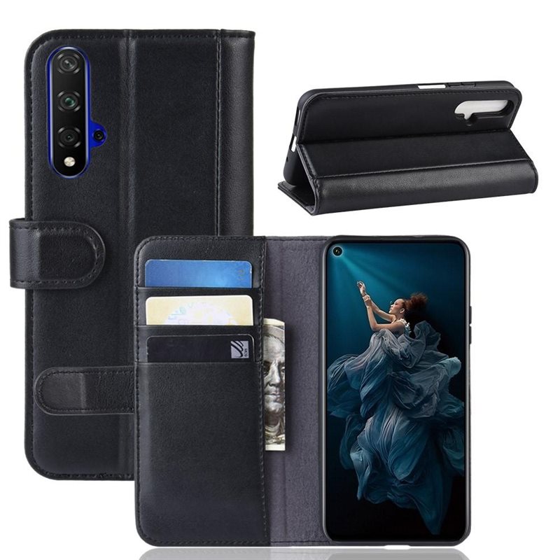 Huawei Honor 20 Plånboksfodral i Äkta Läder, Svart - Stilrent plånboksfodral med plats för sedlar och kort