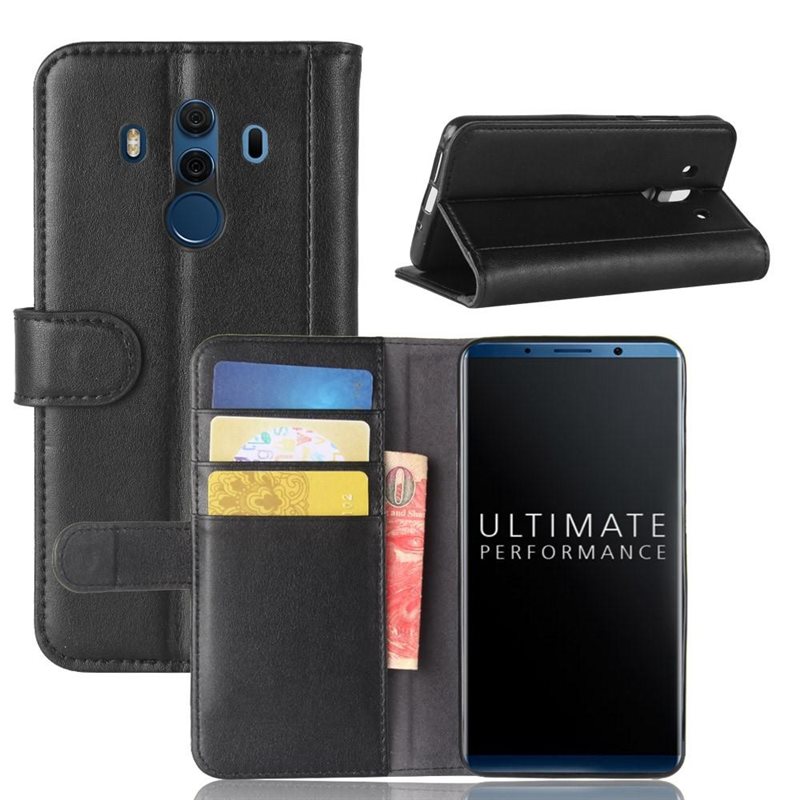 Huawei Mate 10 Pro Plånboksfodral i Äkta Läder, Svart - Stilrent plånboksfodral med plats för sedlar och kort