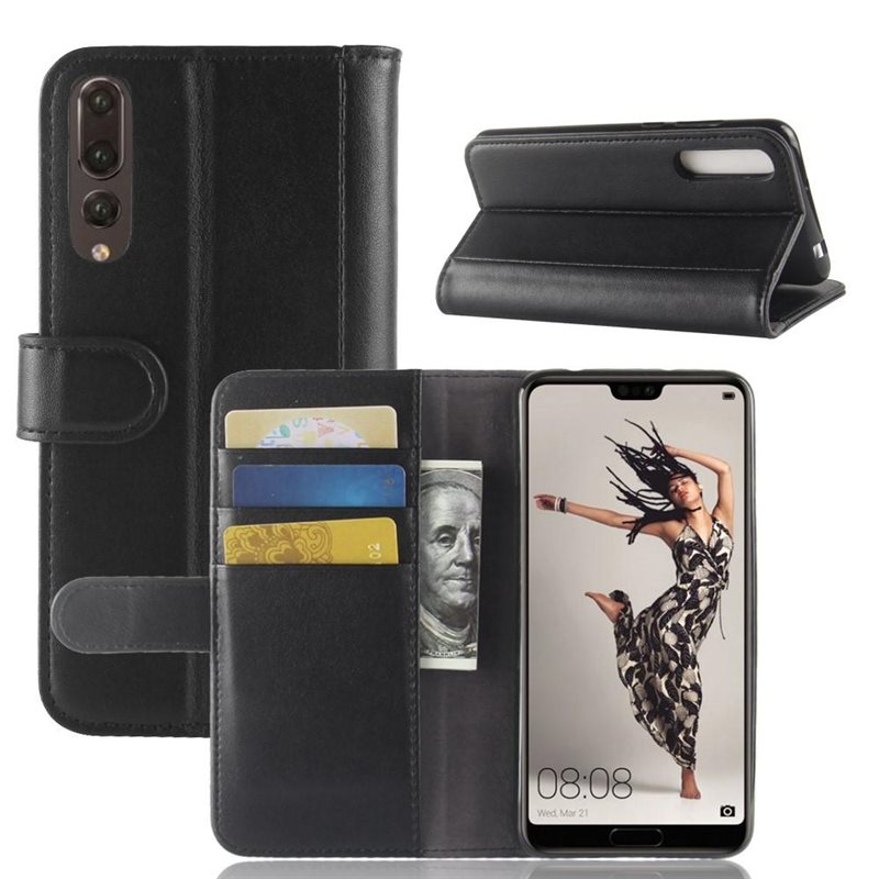 Huawei P20 Pro Plånboksfodral i Äkta Läder, Svart - Stilrent plånboksfodral med plats för sedlar och kort
