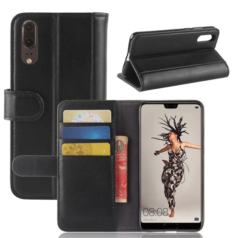 Huawei P20 Plånboksfodral i Äkta Läder, Svart - Stilrent plånboksfodral med plats för sedlar och kort