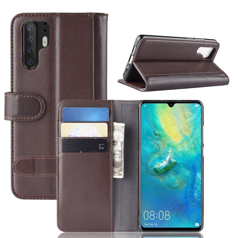 Huawei P30 Pro Plånboksfodral i Äkta Läder, Brun - Stilrent plånboksfodral med plats för sedlar och kort