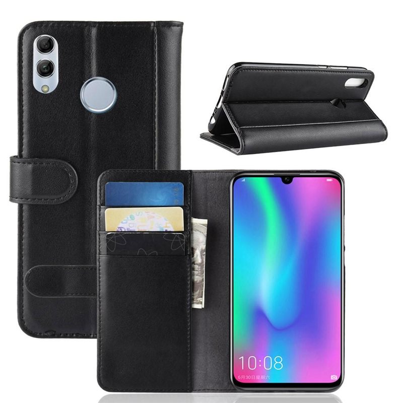 Huawei P Smart 2019 Plånboksfodral i Äkta Läder, Svart - Stilrent plånboksfodral med plats för sedlar och kort