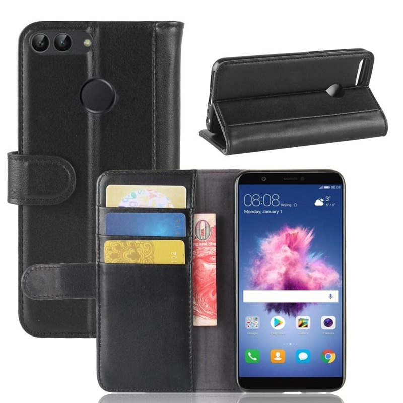Huawei P Smart Plånboksfodral i Äkta Läder, Svart - Stilrent plånboksfodral med plats för sedlar och kort