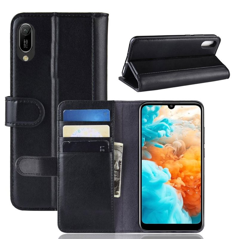 Huawei Y6 2019 Plånboksfodral i Äkta Läder, Svart - Stilrent plånboksfodral med plats för sedlar och kort