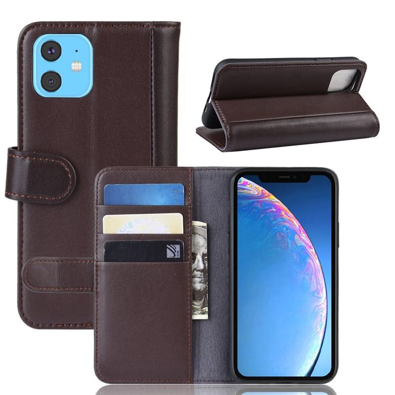 iPhone 11 Plånboksfodral i Äkta Läder, Brun - Stilrent plånboksfodral med plats för sedlar och kort