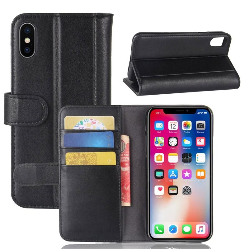 iPhone X/XS Plånboksfodral i Äkta Läder, Svart - Stilrent plånboksfodral med plats för sedlar och kort
