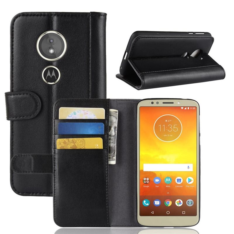 Motorola Moto E5/Moto G6 Play Plånboksfodral i Äkta Läder, Svart - Stilrent plånboksfodral med plats för sedlar och kort