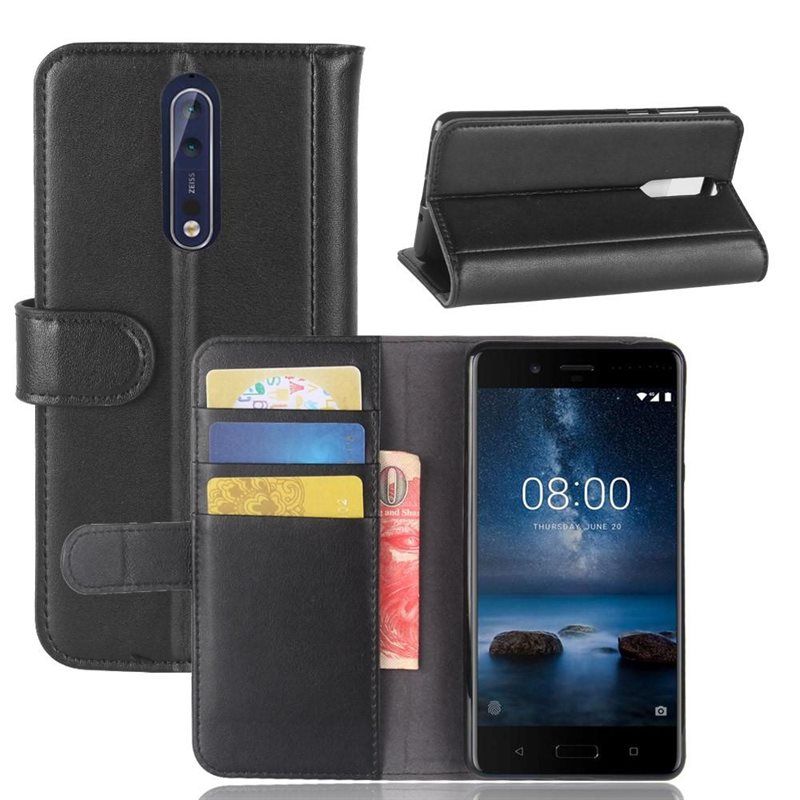 Nokia 8 Plånboksfodral i Äkta Läder, Svart - Stilrent plånboksfodral med plats för sedlar och kort