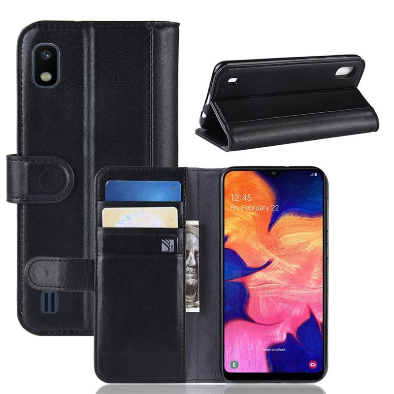 Samsung Galaxy A10 Plånboksfodral i Äkta Läder, Svart - Stilrent plånboksfodral med plats för sedlar och kort