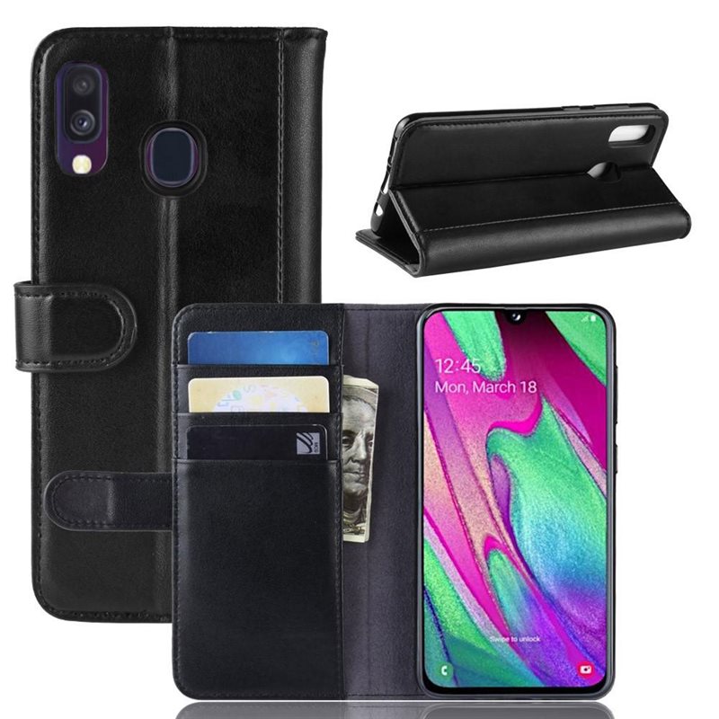 Samsung Galaxy A40 Plånboksfodral i Äkta Läder, Svart - Stilrent plånboksfodral med plats för sedlar och kort