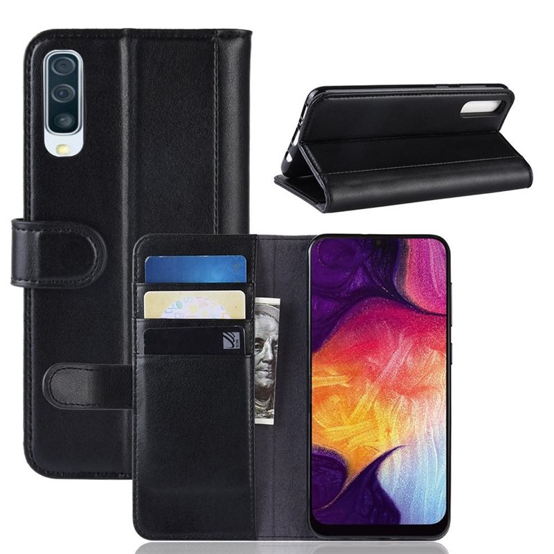Samsung Galaxy A50 Plånboksfodral i Äkta Läder, Svart - Stilrent plånboksfodral med plats för sedlar och kort