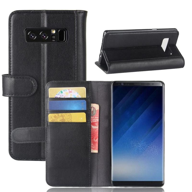 Samsung Galaxy Note 8 Plånboksfodral i Äkta Läder, Svart - Stilrent plånboksfodral med plats för sedlar och kort