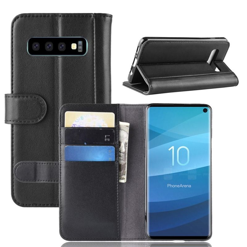 Samsung Galaxy S10 Plånboksfodral i Äkta Läder, Svart - Stilrent plånboksfodral med plats för sedlar och kort