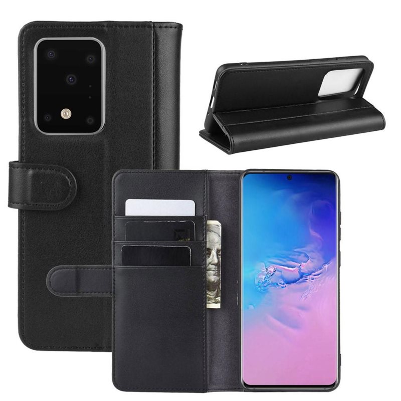 Samsung Galaxy S20 Ultra Plånboksfodral i Äkta Läder, Svart - Stilrent plånboksfodral med plats för sedlar och kort