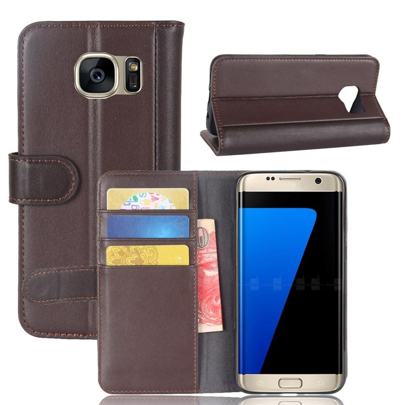 Samsung Galaxy S7 Edge Plånboksfodral i Äkta Läder, Brun - Stilrent plånboksfodral med plats för sedlar och kort