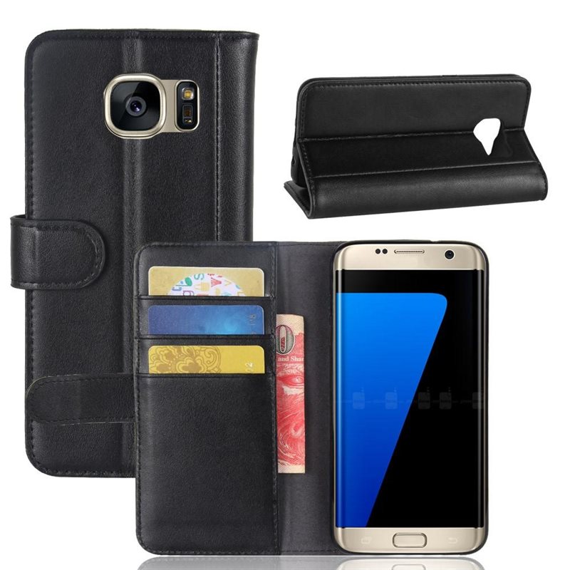 Samsung Galaxy S7 Edge Plånboksfodral i Äkta Läder, Svart - Stilrent plånboksfodral med plats för sedlar och kort