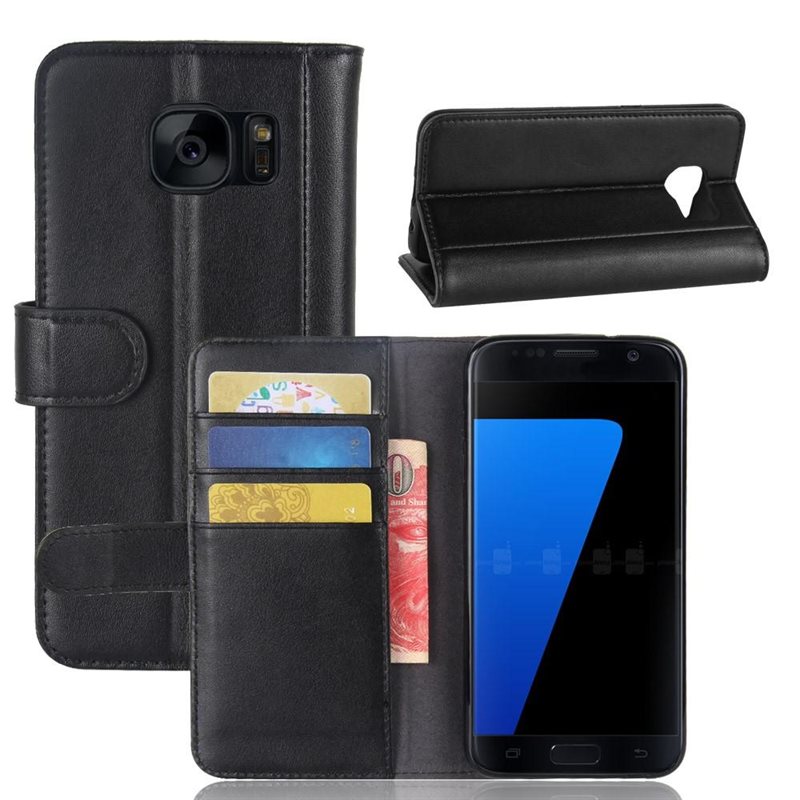 Samsung Galaxy S7 Plånboksfodral i Äkta Läder, Svart - Stilrent plånboksfodral med plats för sedlar och kort