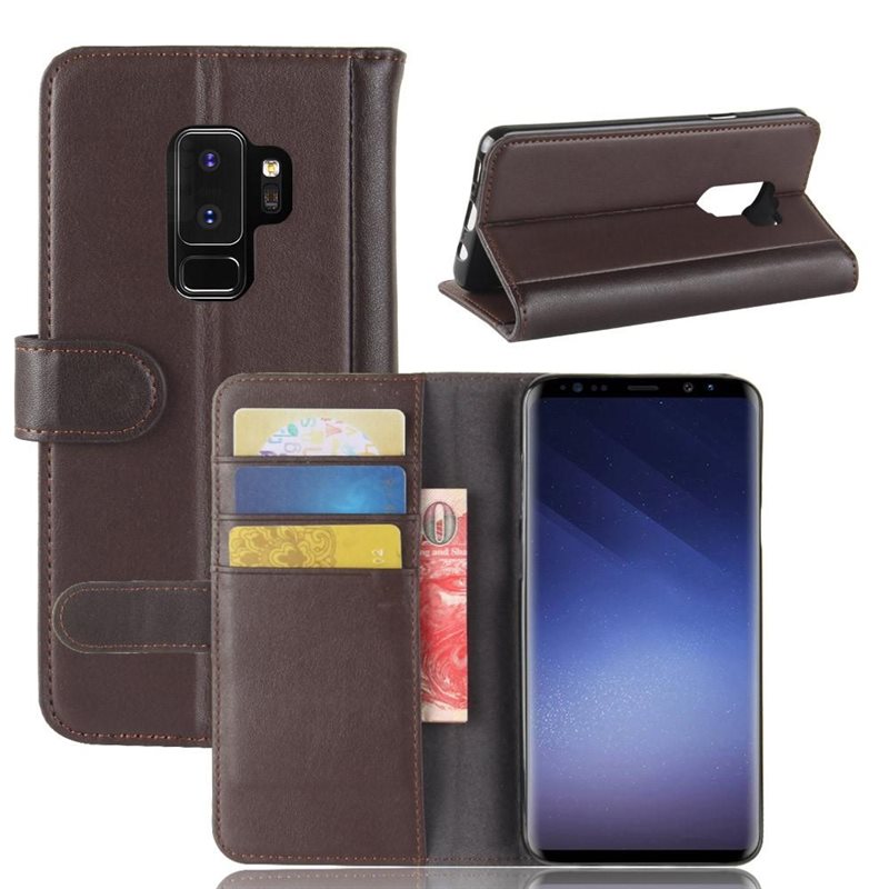 Samsung Galaxy S9 Plus Plånboksfodral i Äkta Läder, Brun - Stilrent plånboksfodral med plats för sedlar och kort