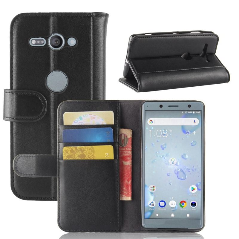 Sony Xperia XZ2 Compact Plånboksfodral i Äkta Läder, Svart - Stilrent plånboksfodral med plats för sedlar och kort