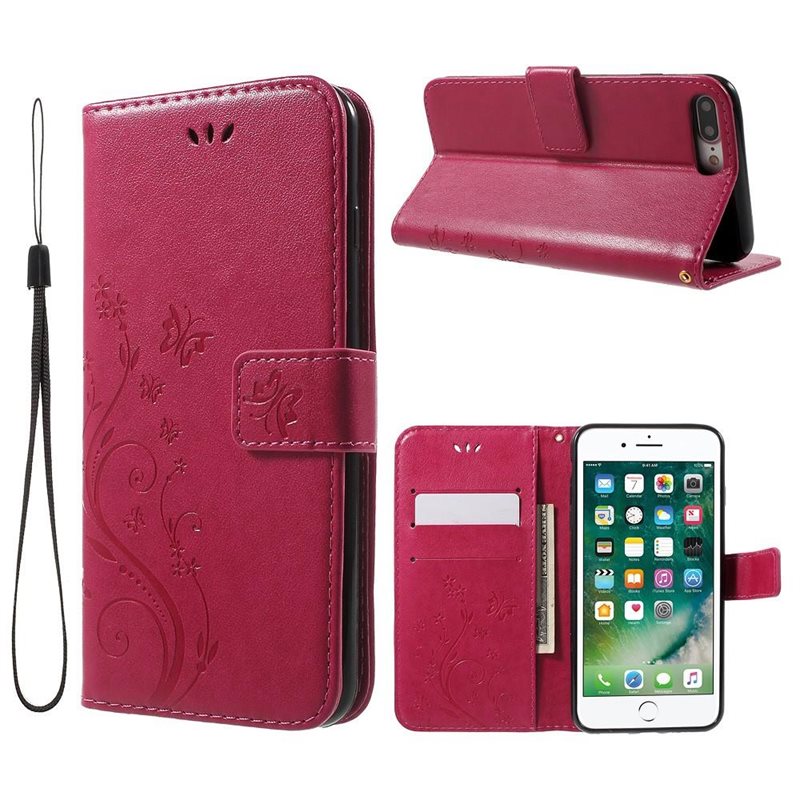 iPhone 7 Plus/iPhone 8 Plus Mobilfodral med fjärilar, Rosa - Fint plånboksfodral med mönster