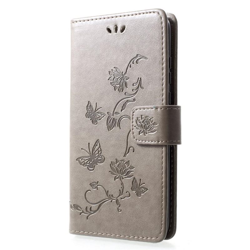 Huawei P30 Lite Mobilfodral med fjärilar, Grå - Fint plånboksfodral med mönster