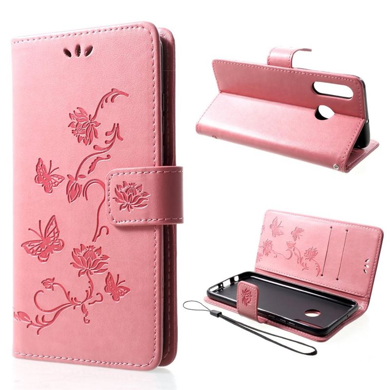 Huawei P30 Lite Mobilfodral med fjärilar, Rosa - Fint plånboksfodral med mönster