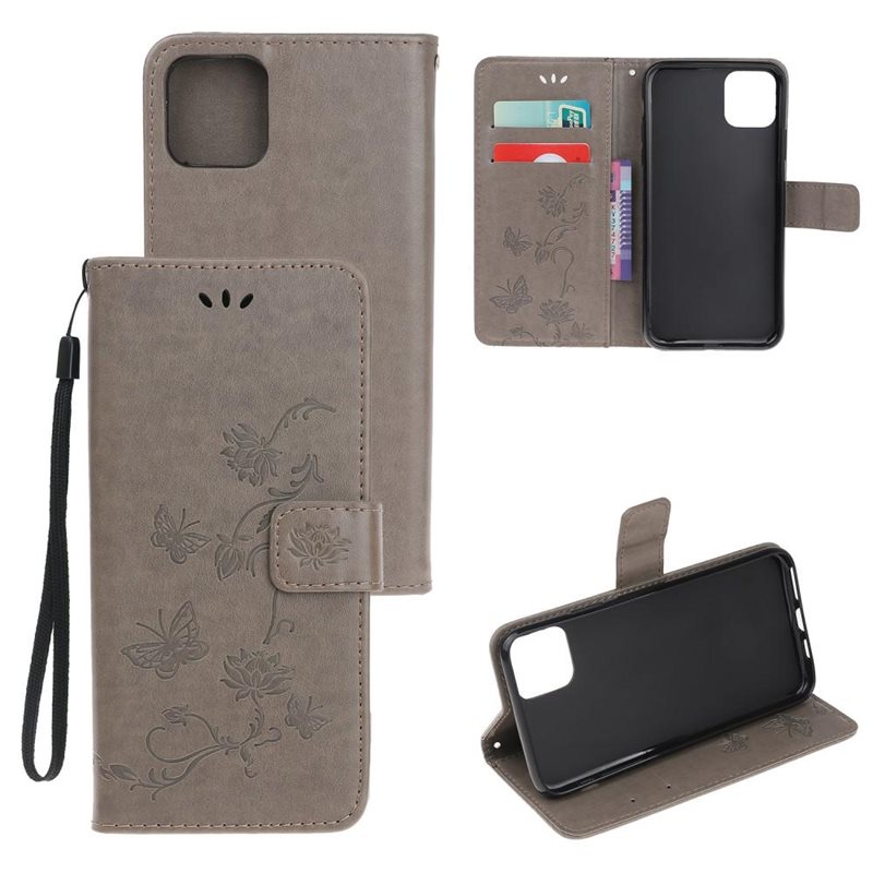 iPhone 11 Mobilfodral med fjärilar, Grå - Fint plånboksfodral med mönster