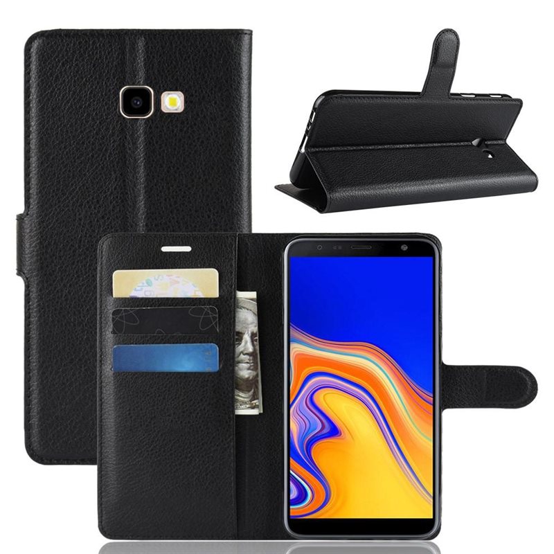 Samsung Galaxy J4 Plus 2018 Enkelt mobilfodral, Svart - Praktiskt plånboksfodral med plats för sedlar och kort
