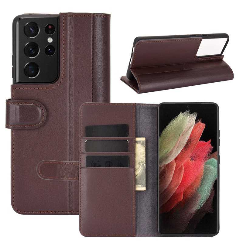 Samsung Galaxy S21 Ultra Plånboksfodral i Äkta Läder, Brun - Stilrent plånboksfodral med plats för sedlar och kort