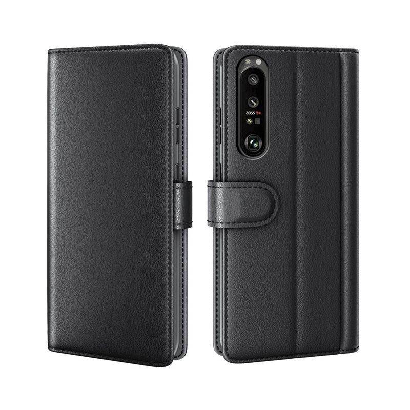 Sony Xperia 1 III Plånboksfodral i Äkta Läder, Svart - Stilrent plånboksfodral med plats för sedlar och kort