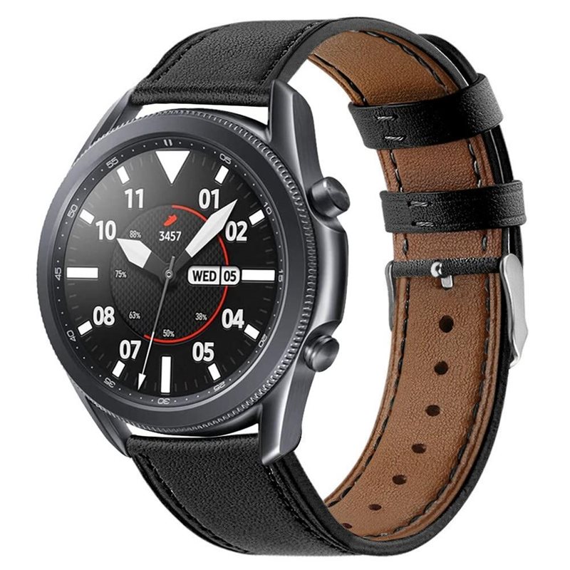 Samsung Galaxy Watch 3 45mm Armband i äkta läder, Svart - Snyggt armband i läder