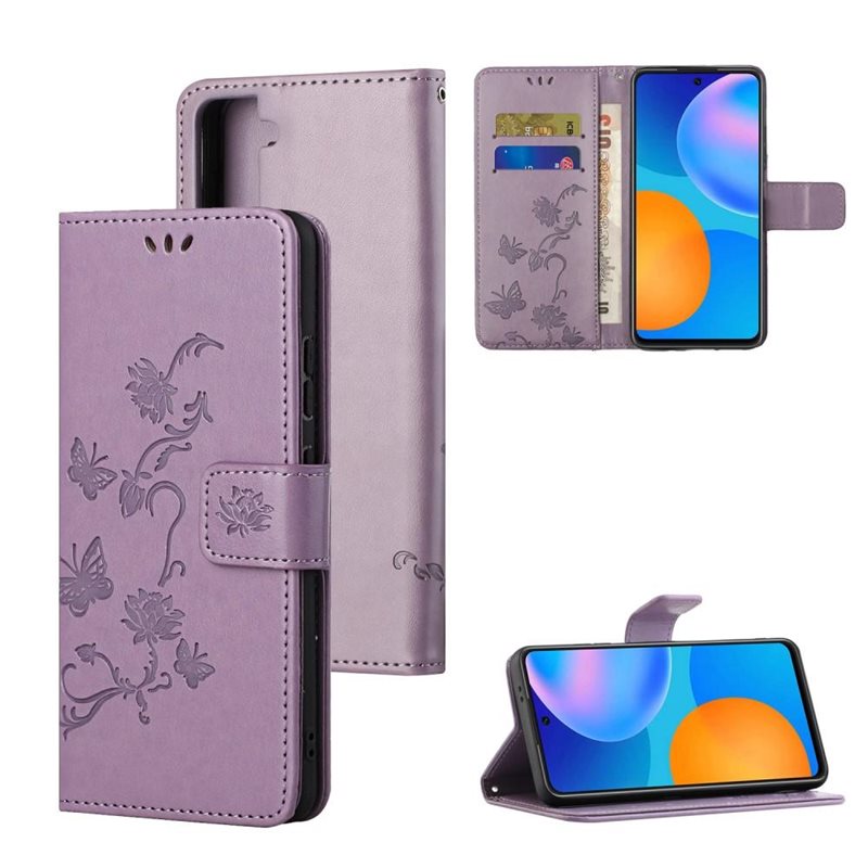 Samsung Galaxy S21 FE Mobilfodral med fjärilar, Lila - Fint plånboksfodral med mönster