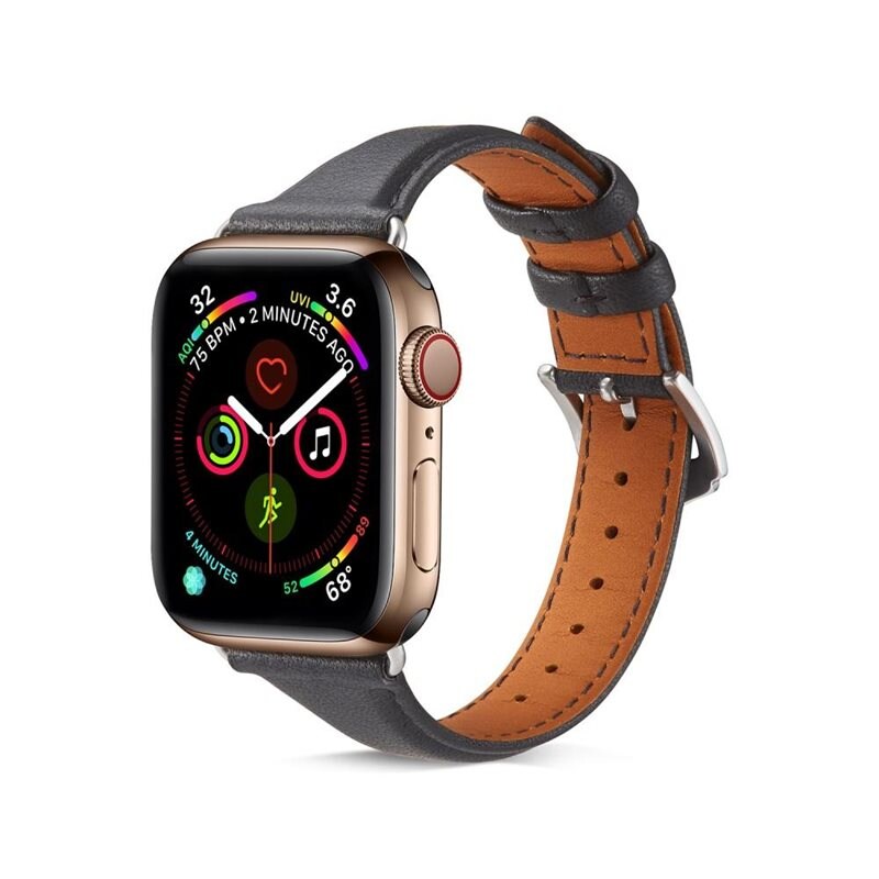 Apple Watch Series 4-6 44mm Smalt armband i äkta läder, Svart - Stilrent armband i läder