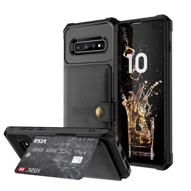 Samsung Galaxy S10 Stöttåligt Mobilskal med Plånbok, Svart - Mobilskal med praktisk plånboksfunktion - Sedelficka - Korthållare