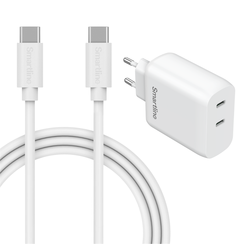 Motorola Moto G85 Snabb laddare med 2m USB-C-kabel & 2 portar 35W, vit - Stark laddare med lång sladd och två USB-C-portar