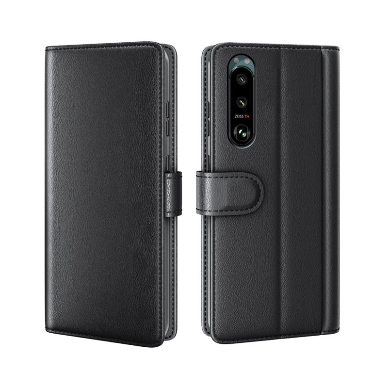 Sony Xperia 5 III Plånboksfodral i Äkta Läder, Svart - Stilrent plånboksfodral med plats för sedlar och kort