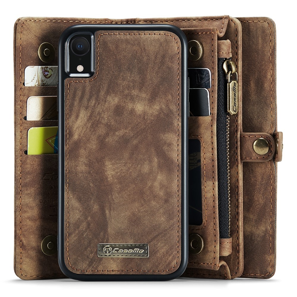 iPhone XR Rymligt plånboksfodral med många kortfack, brun