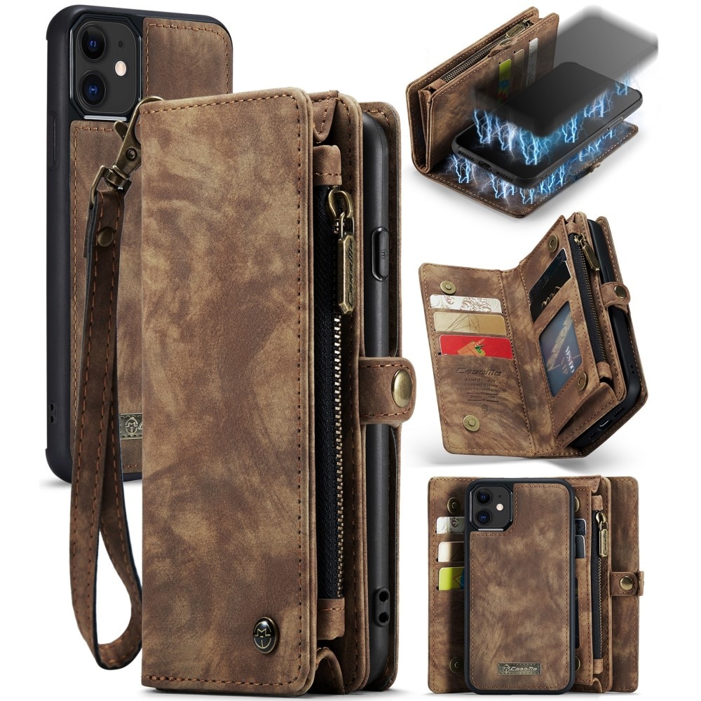 iPhone 11 Rymligt plånboksfodral med många kortfack, brun