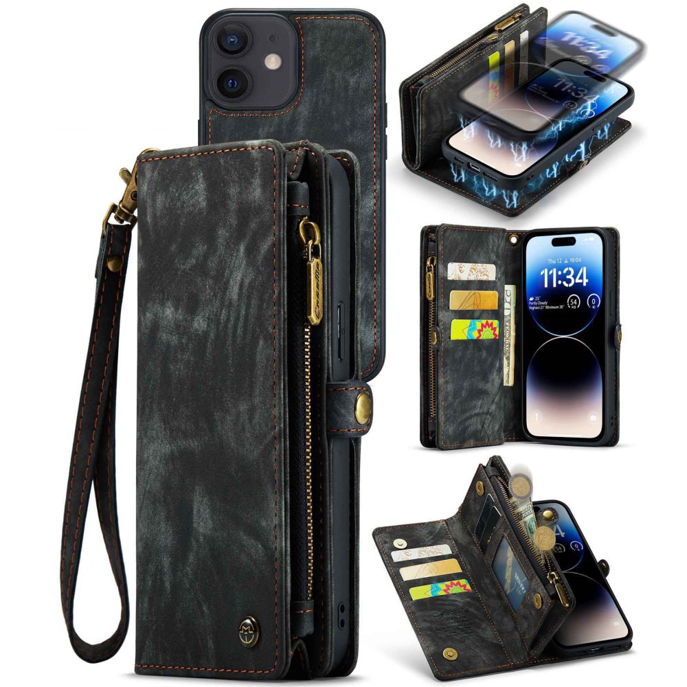 iPhone 12/12 Pro Rymligt plånboksfodral med många kortfack, grå