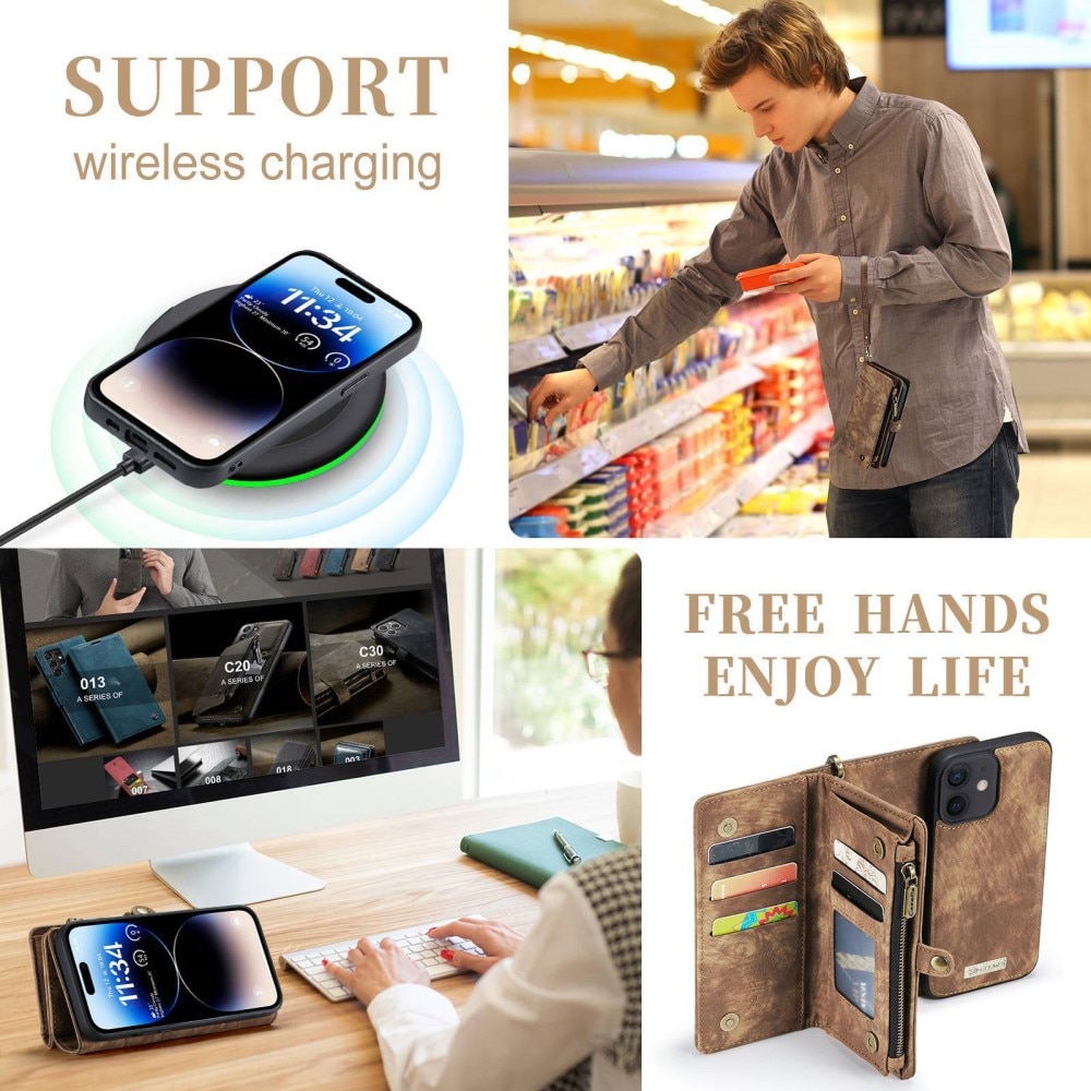 iPhone 12/12 Pro Rymligt plånboksfodral med många kortfack, brun