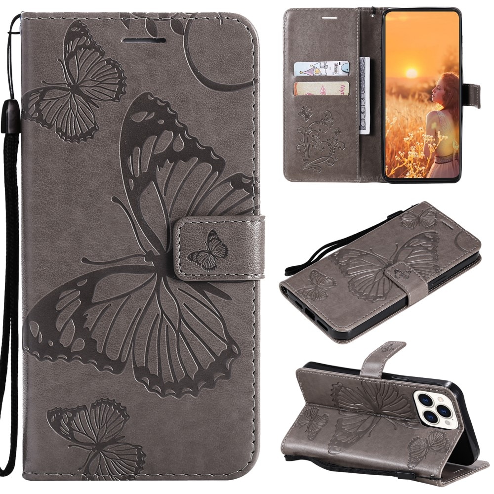 iPhone 13 Pro Mobilfodral med fjärilar, grå