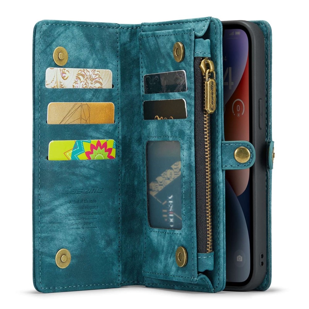 iPhone 13 Rymligt plånboksfodral med många kortfack, blå